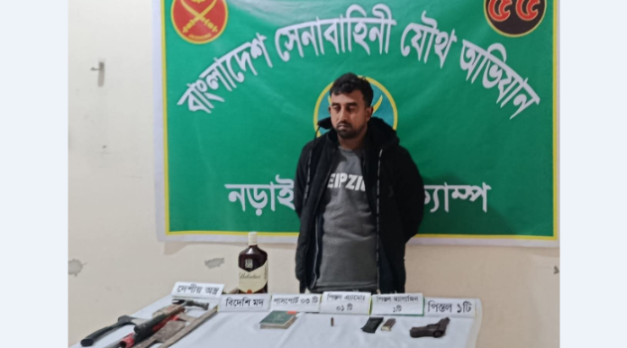 নড়াইলে বিদেশি পিস্তল-গুলিসহ প্রবাসী যুবক গ্রেফতার