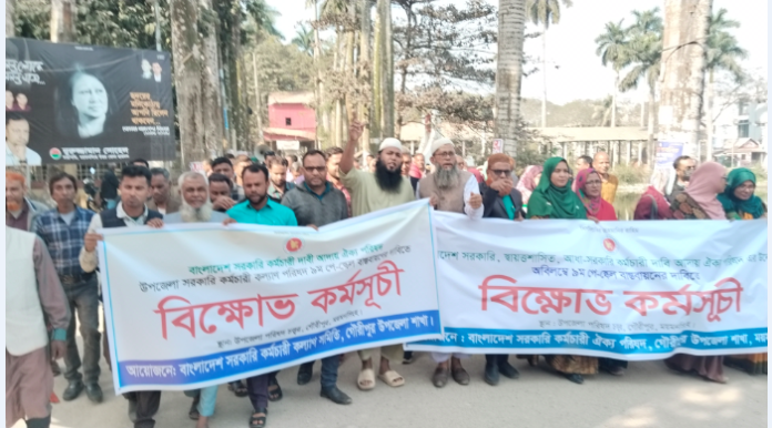 গৌরীপুরে ৯ম পে-স্কেল বাস্তবায়নের দাবিতে সরকারি কর্মচারীদের কর্মবিরতি ও বিক্ষোভ