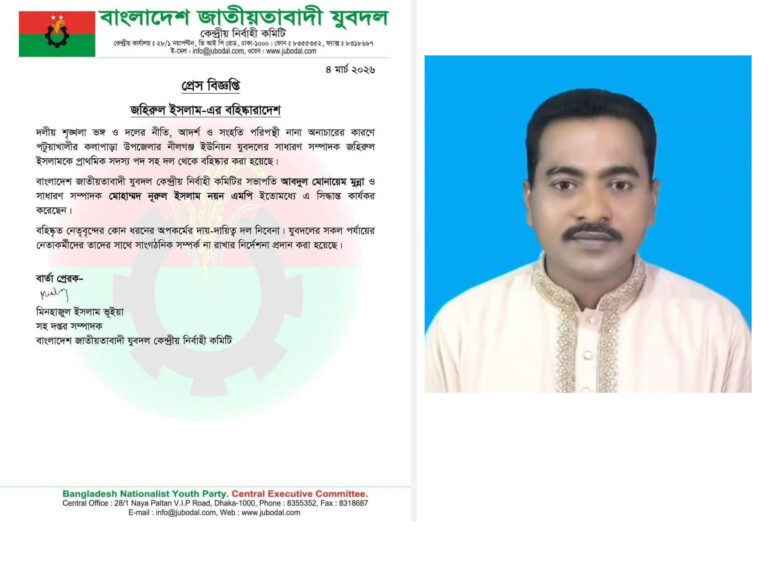 কলাপাড়ায় যুবদল নেতা, ইউপি সদস্য জাহিরুল বহিষ্কার