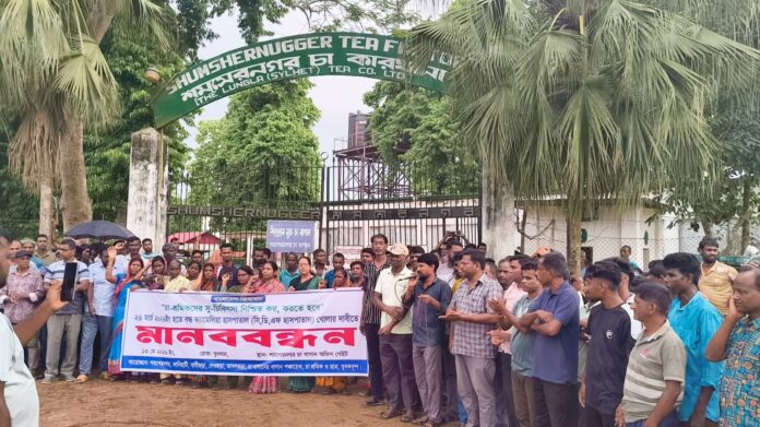 কমলগঞ্জে ক্যামেলিয়া হাসপাতাল চালুর দাবিতে চা শ্রমিকদের মানববন্ধন