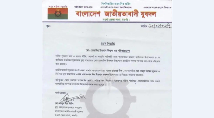 রাণীনগরে দলীয় শৃঙ্খলা ভঙ্গের অভিযোগে ইউনিয়ন যুবদল নেতা বহিষ্কার