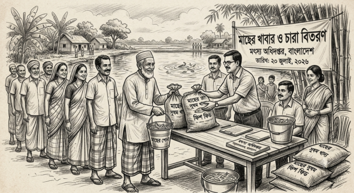 সাপাহারে প্রদর্শনী মৎস্য চাষীদের মাঝে মাছের খাবার ও চারা বিতরণ