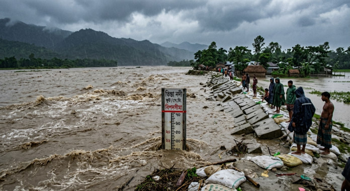 উজানের পাহাড়ী ঢলে তিস্তা নদীর পানি বিপদসীমার কাছাকাছি