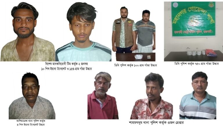 মাদকবিরোধী অভিযান: গাঁজা-ইয়াবাসহ ৪ কারবারি ও ৩ সেবী আটক