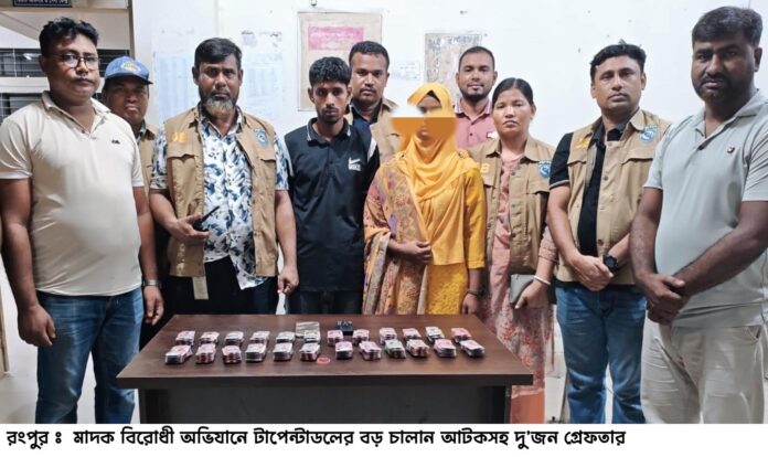 রংপুরে মাদক বিরোধী অভিযানে টাপেন্টাডলের বড় চালান আটকসহ দুজনকে গ্রেফতার করেছে পুলিশ